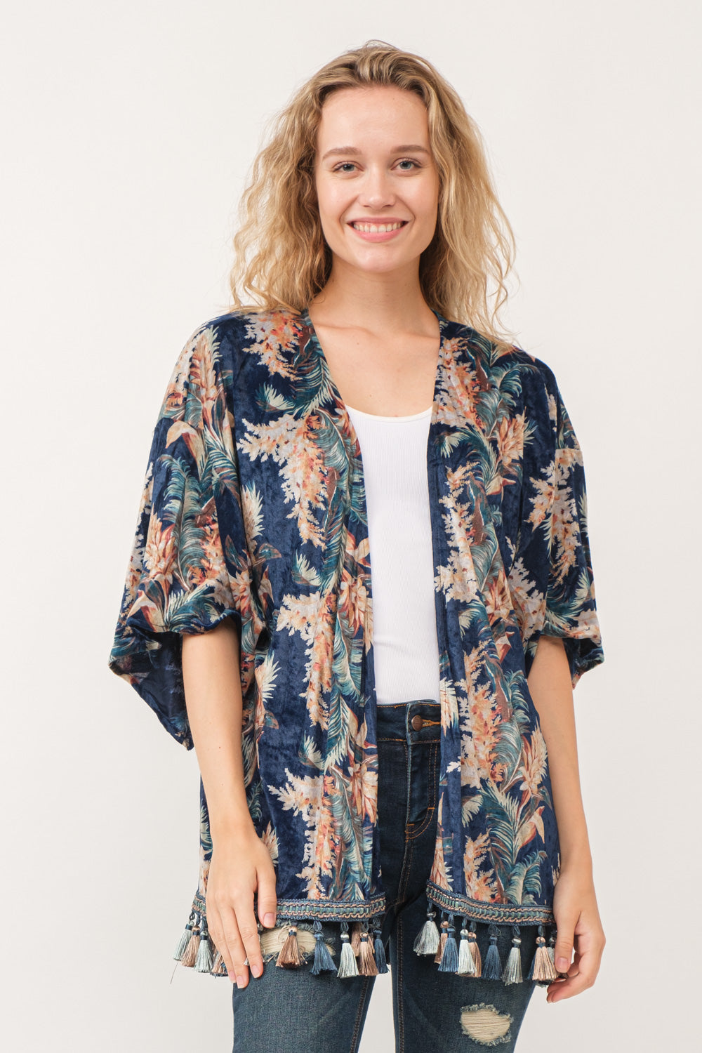 RAJ AERIN FAUX VELVET FLORAL FRINGE KIMONO MIDNIGHT BLUE - quetzals