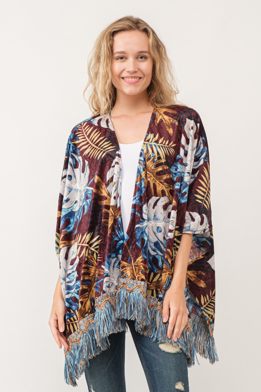 RAJ ISLA FAUX VELVET FLORAL FRINGE KIMONO BURGUNDY - quetzals