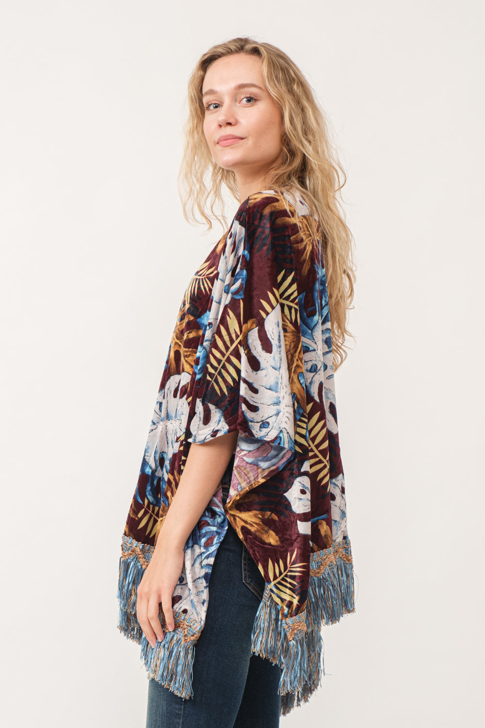 RAJ ISLA FAUX VELVET FLORAL FRINGE KIMONO BURGUNDY - quetzals