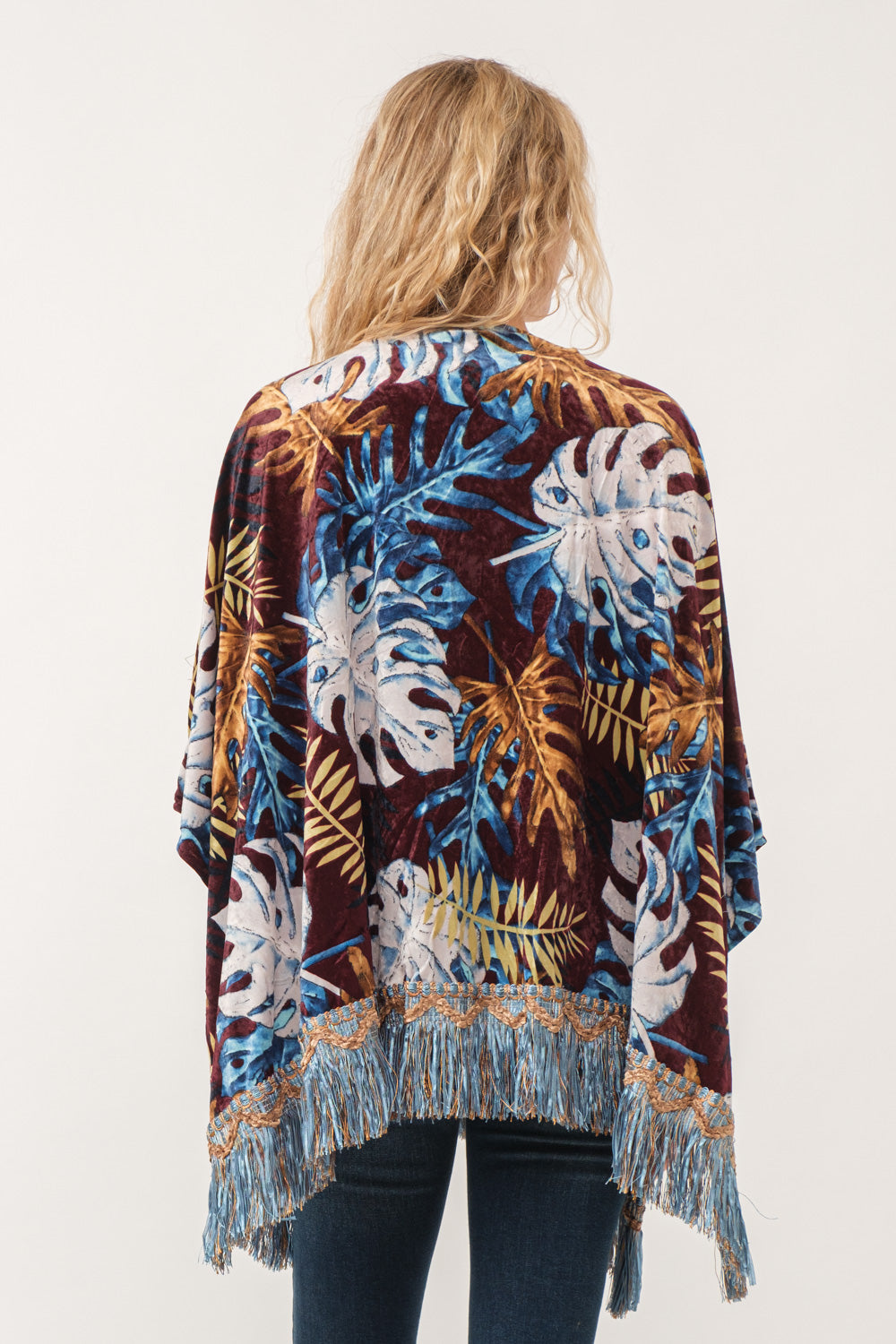 RAJ ISLA FAUX VELVET FLORAL FRINGE KIMONO BURGUNDY - quetzals