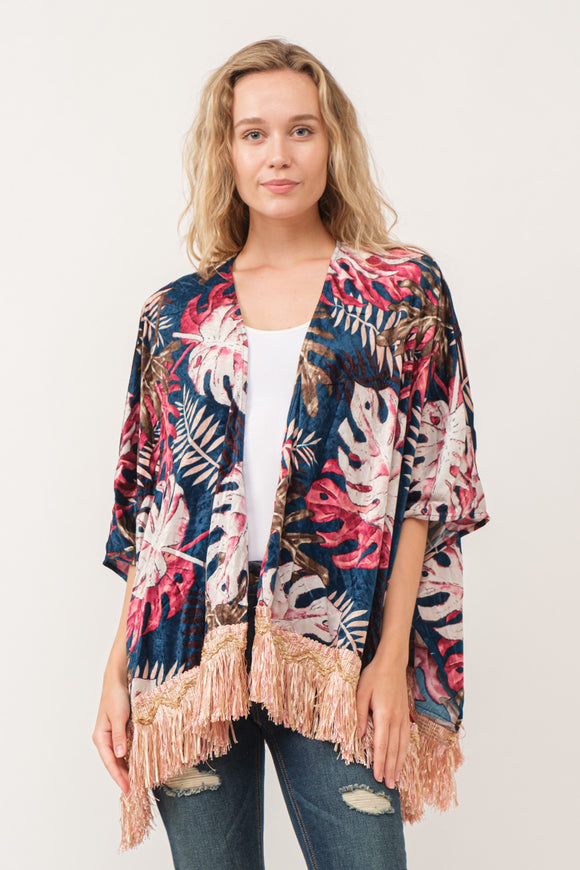 RAJ ISLA FAUX VELVET FLORAL FRINGE KIMONO MIDNIGHT BLUE - quetzals