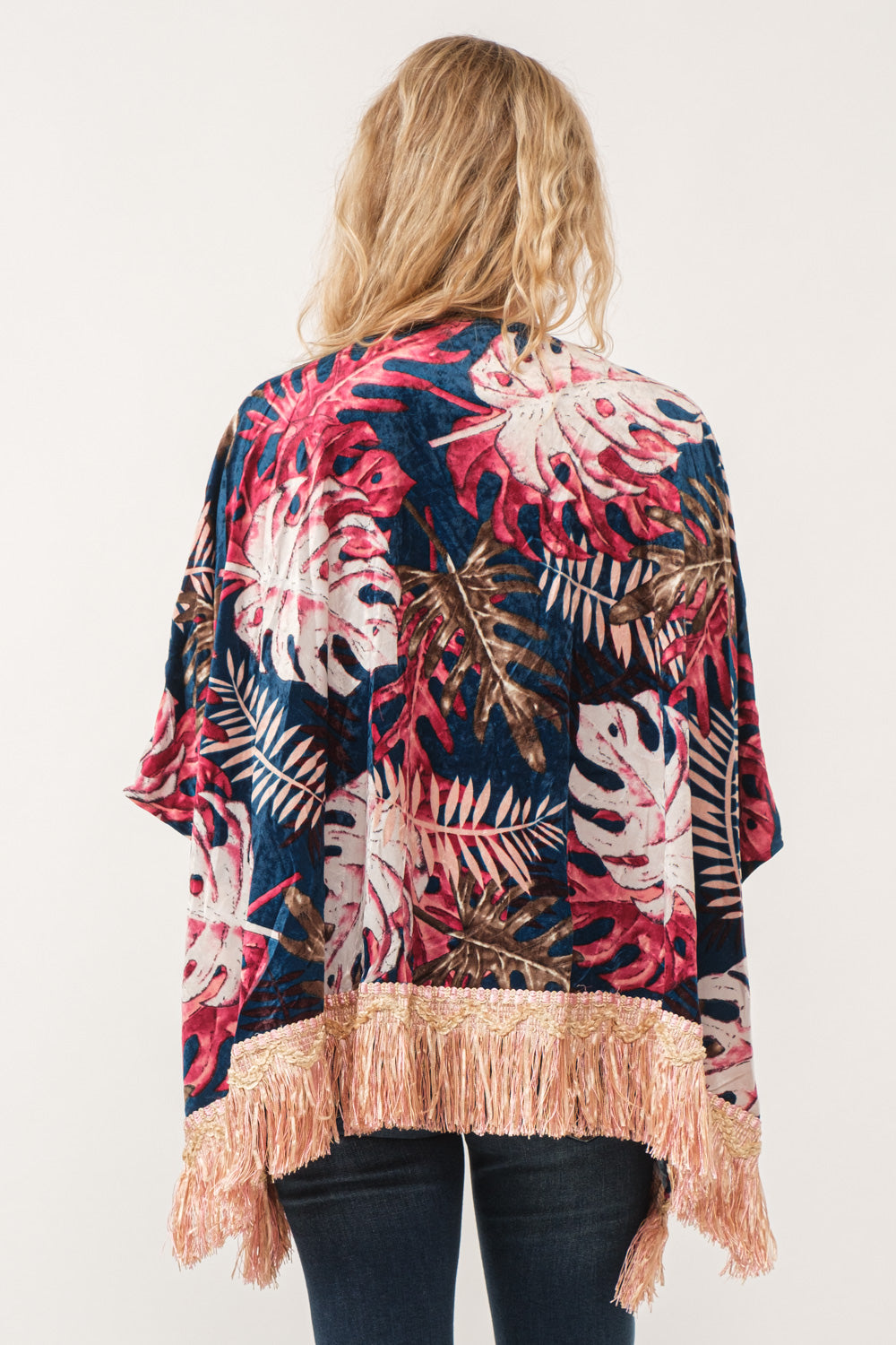 RAJ ISLA FAUX VELVET FLORAL FRINGE KIMONO MIDNIGHT BLUE - quetzals