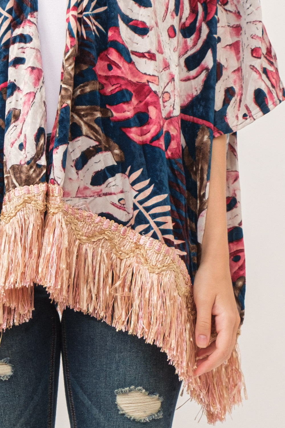 RAJ ISLA FAUX VELVET FLORAL FRINGE KIMONO MIDNIGHT BLUE - quetzals