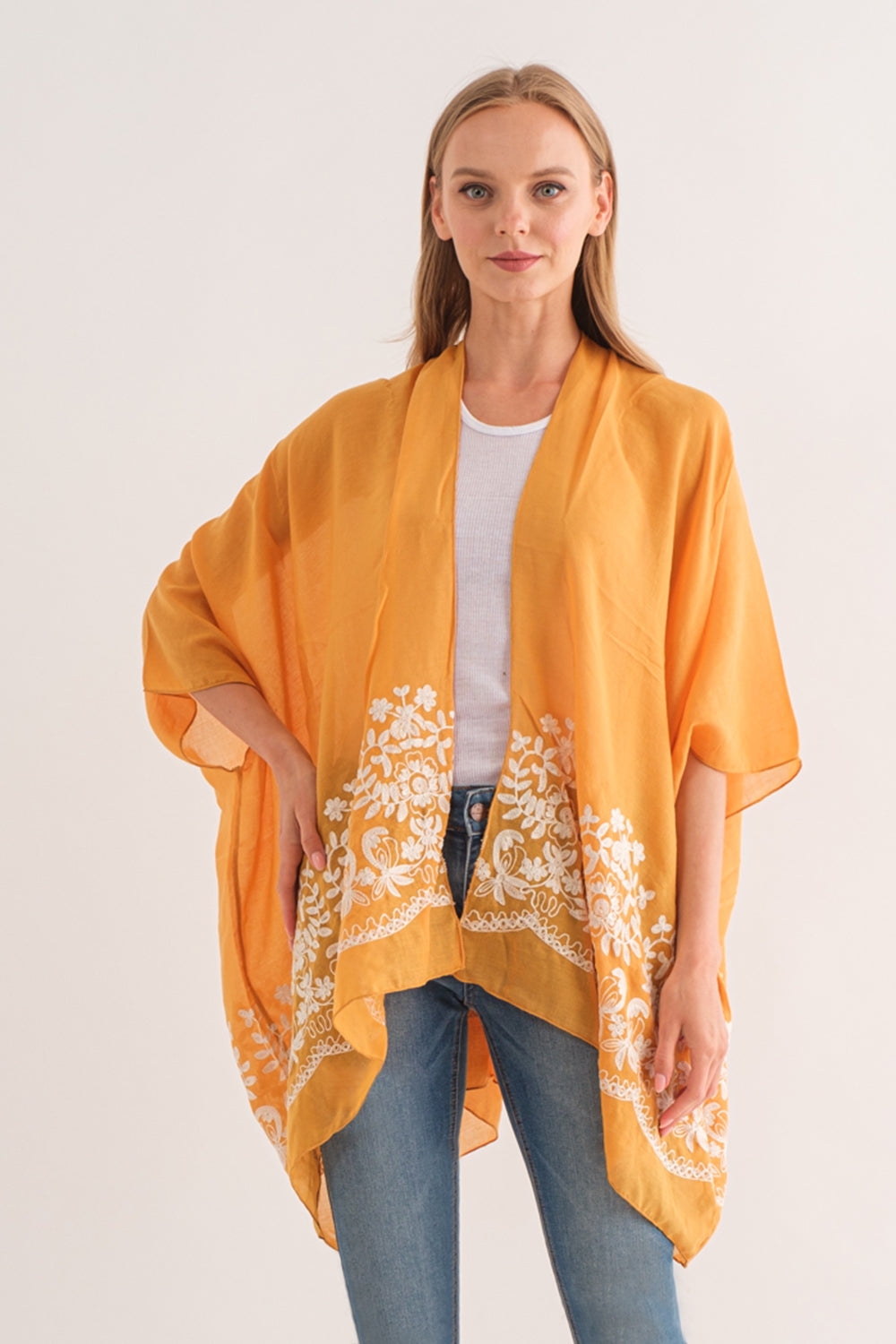 RAJ BLANCHE ORANGE PEEL BORDER EMBROIDERED KIMONO - quetzals