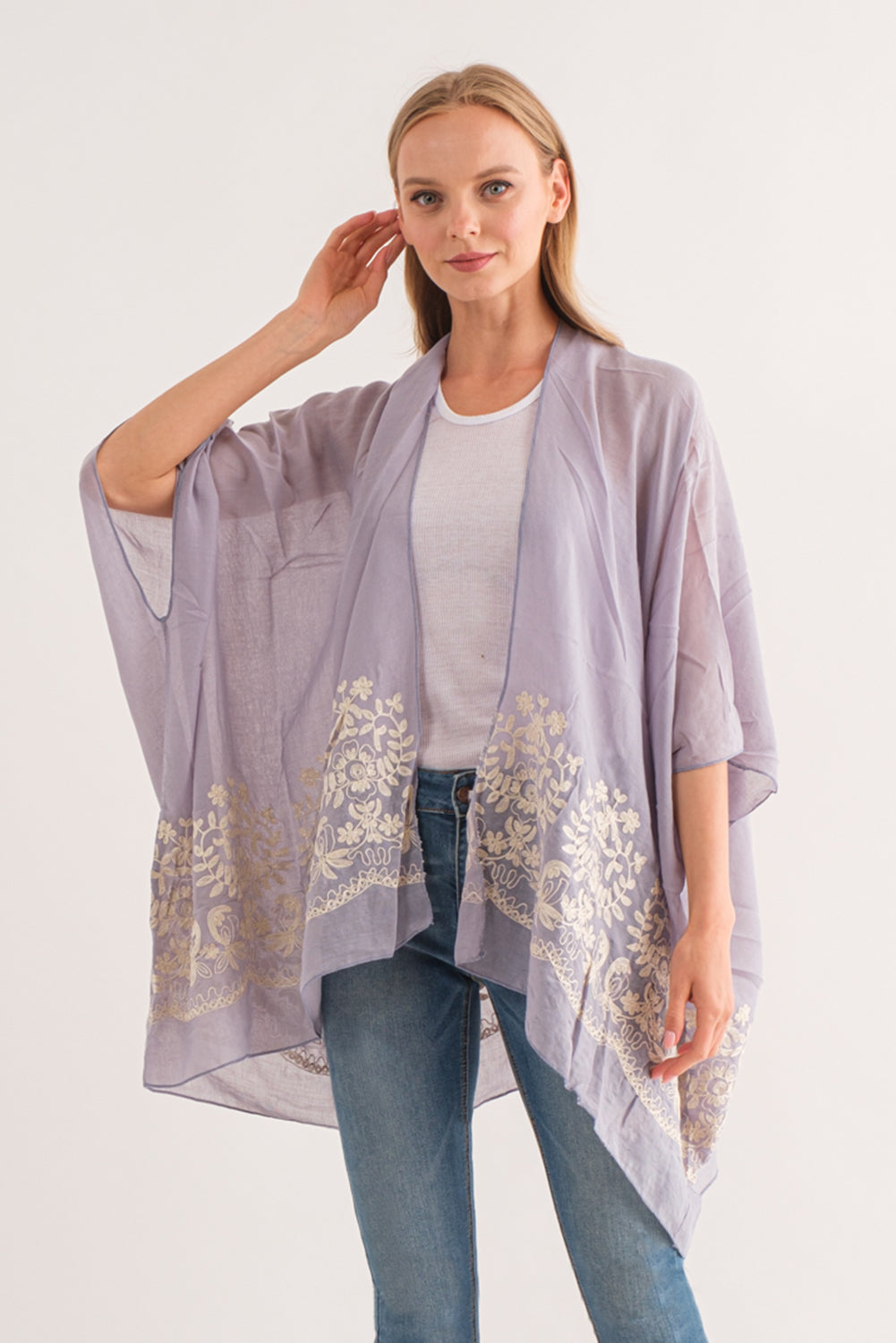 RAJ BLANCHE PERIWINKLE BORDER EMBROIDERED KIMONO - quetzals