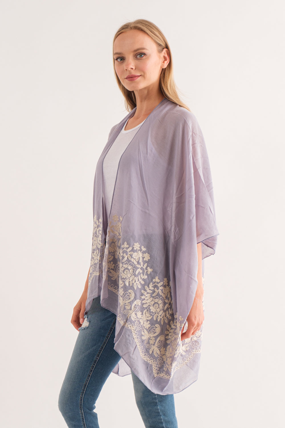 RAJ BLANCHE PERIWINKLE BORDER EMBROIDERED KIMONO - quetzals