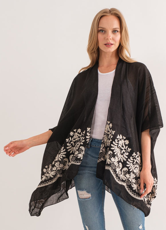 RAJ BLANCHE BLACK BORDER EMBROIDERED KIMONO - quetzals