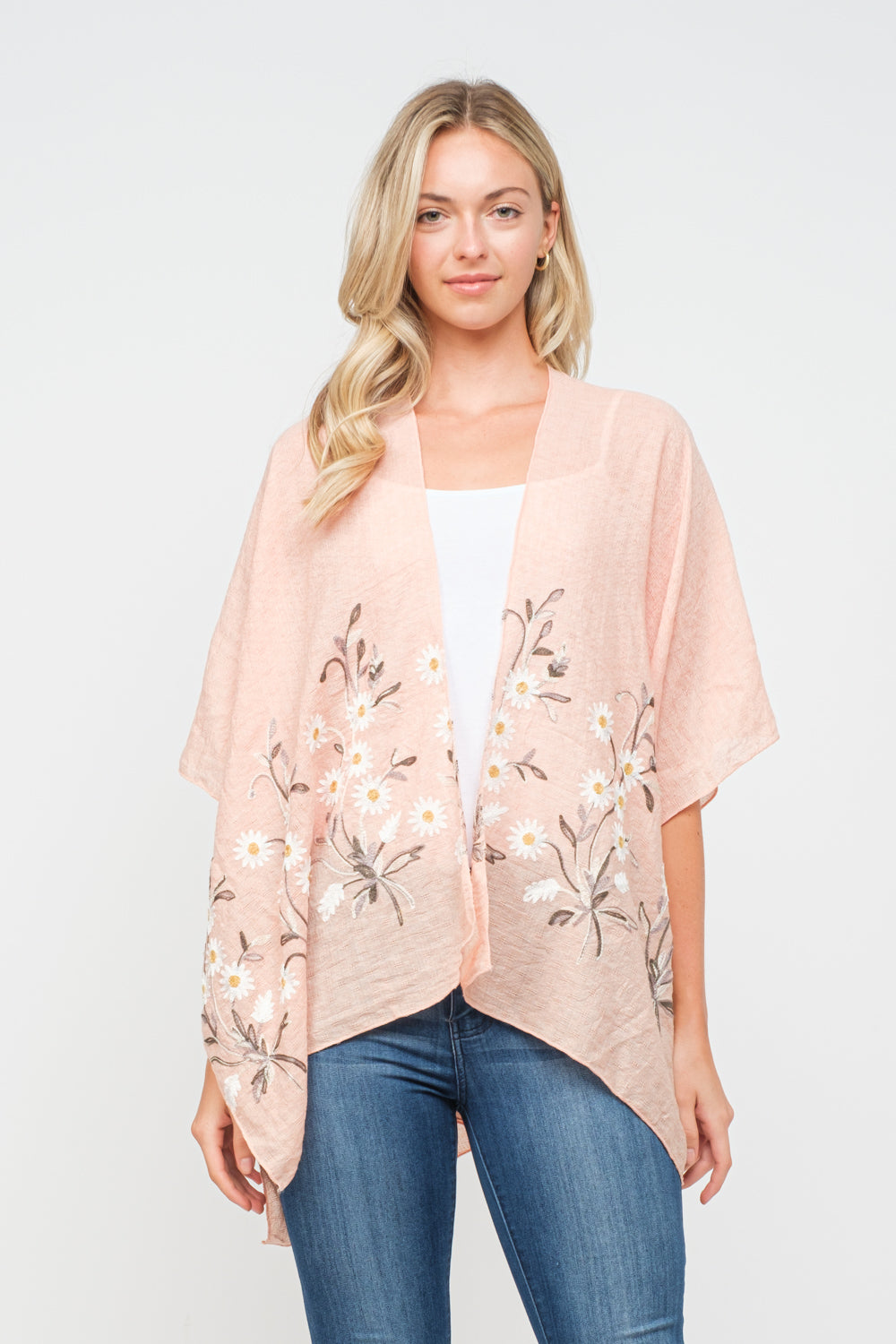 RAJ PAULINE PEARL PEACH FLORAL EMBROIDERED DUSTER KIMONO - quetzals