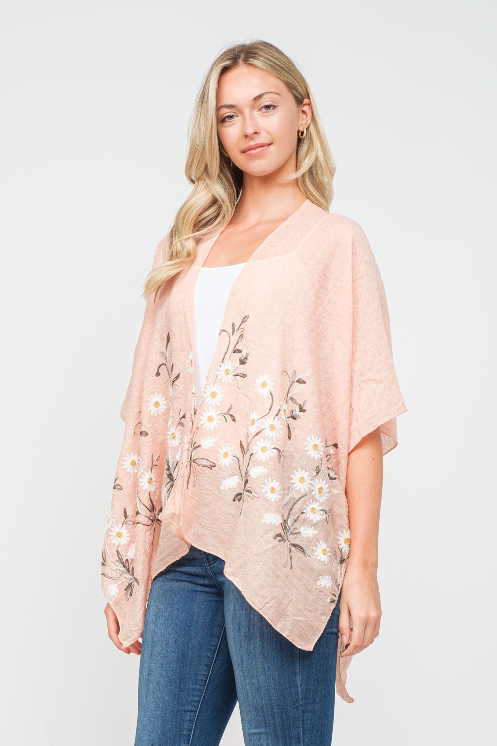 RAJ PAULINE PEARL PEACH FLORAL EMBROIDERED DUSTER KIMONO - quetzals