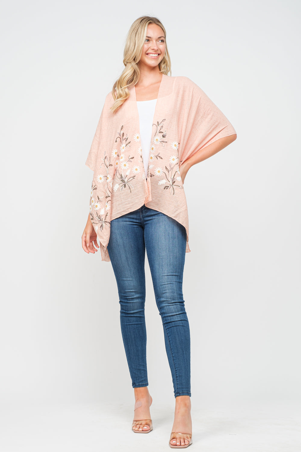 RAJ PAULINE PEARL PEACH FLORAL EMBROIDERED DUSTER KIMONO - quetzals