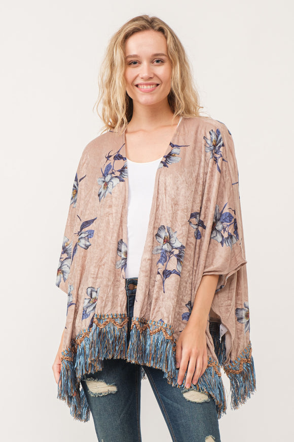 RAJ SOPHIA FAUX VELVET FLORAL FRINGE KIMONO OYSTER GRAY - quetzals