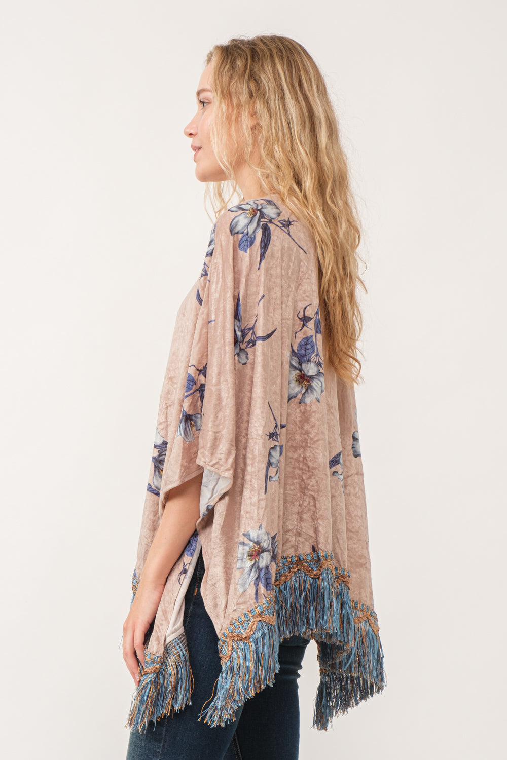 RAJ SOPHIA FAUX VELVET FLORAL FRINGE KIMONO OYSTER GRAY - quetzals