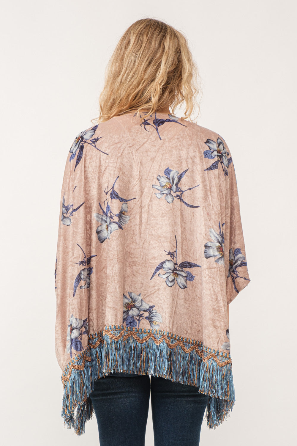 RAJ SOPHIA FAUX VELVET FLORAL FRINGE KIMONO OYSTER GRAY - quetzals