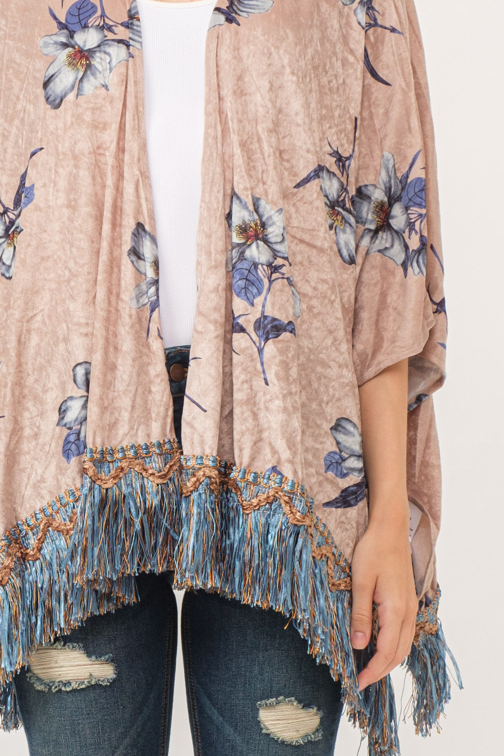 RAJ SOPHIA FAUX VELVET FLORAL FRINGE KIMONO OYSTER GRAY - quetzals