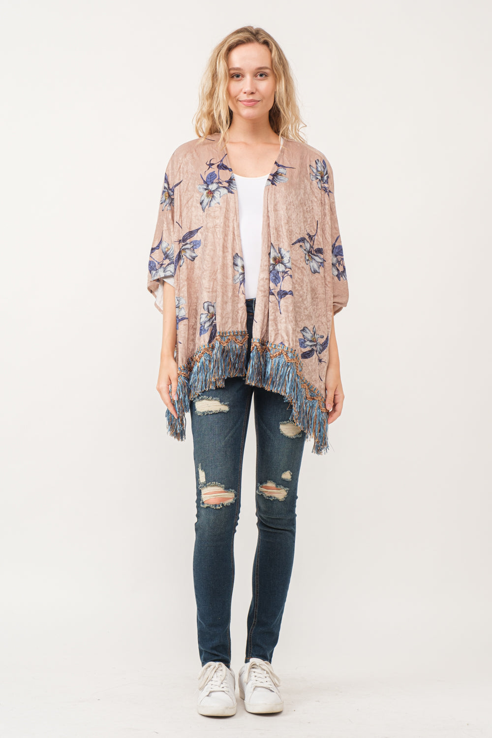 RAJ SOPHIA FAUX VELVET FLORAL FRINGE KIMONO OYSTER GRAY - quetzals