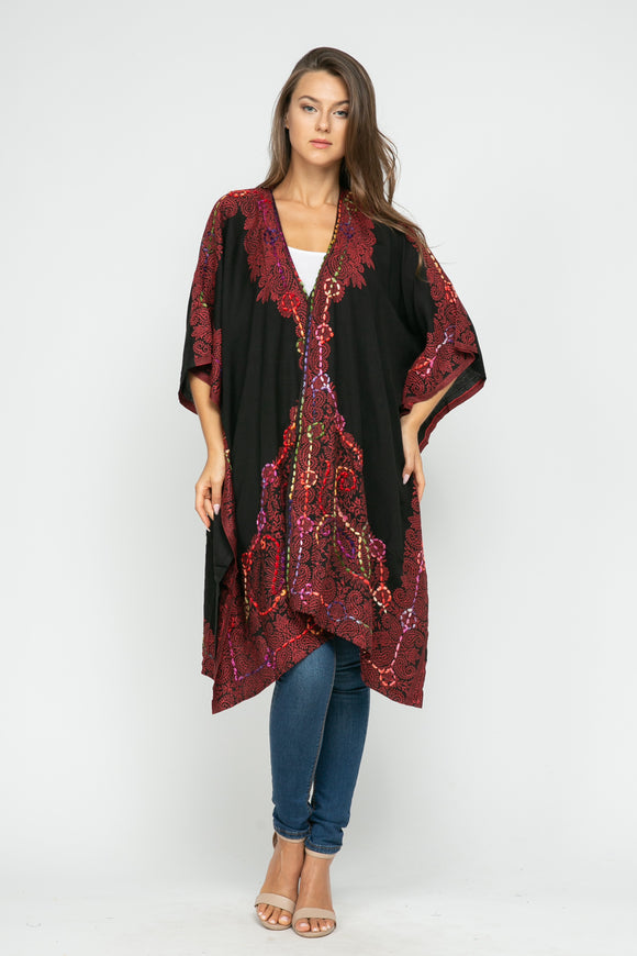 RAJ ALLISON BLACK RED EMBROIDERED KIMONO - quetzals