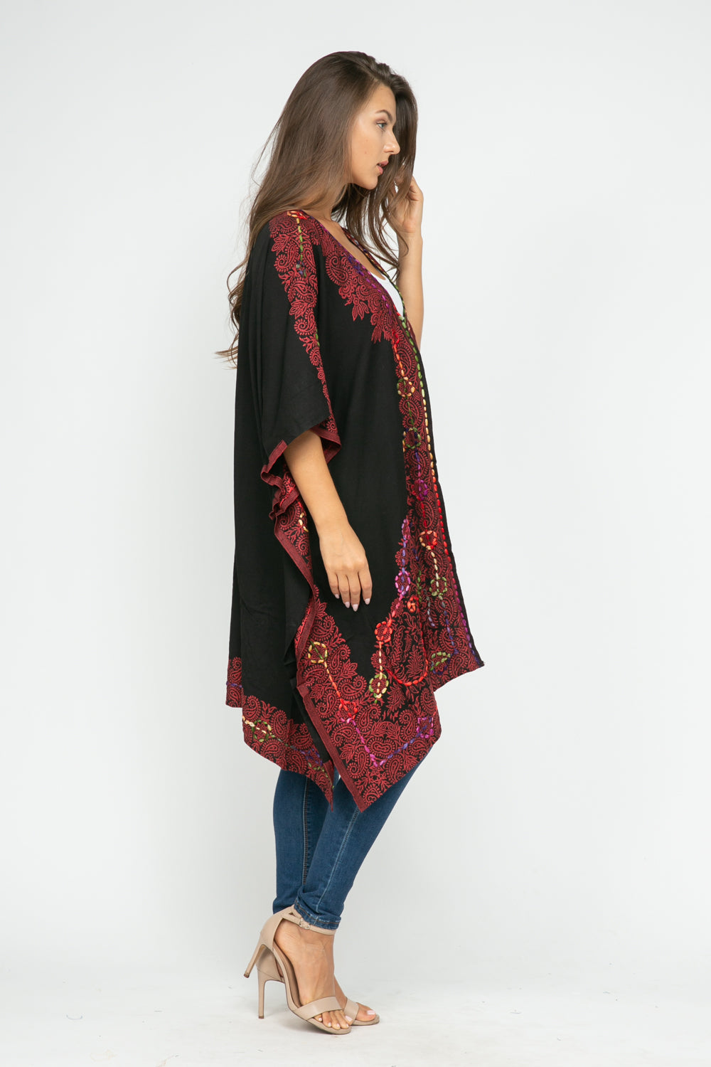 RAJ ALLISON BLACK RED EMBROIDERED KIMONO - quetzals