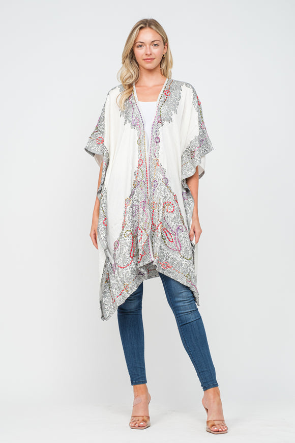 RAJ ALLISON WHITE CHARCOAL EMBROIDERED KIMONO - quetzals