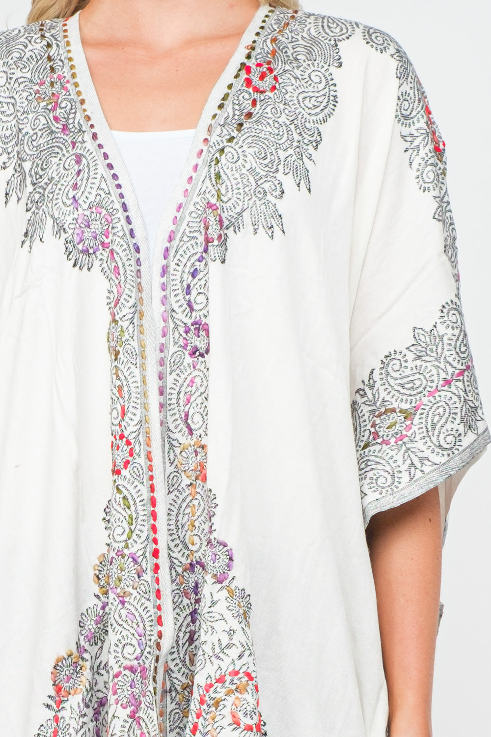 RAJ ALLISON WHITE CHARCOAL EMBROIDERED KIMONO - quetzals