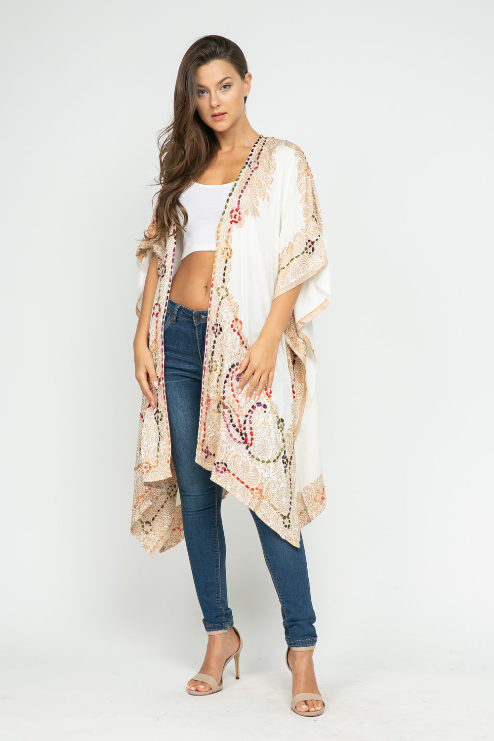 RAJ ALLISON WHITE GOLD EMBROIDERED KIMONO - quetzals