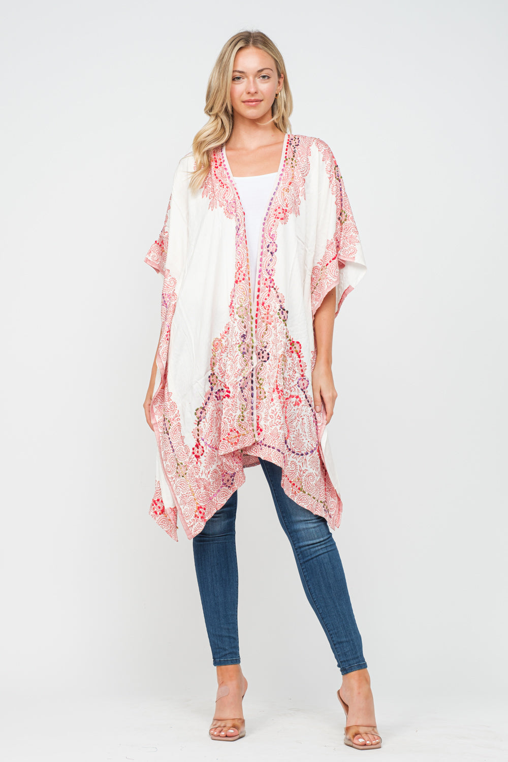 RAJ ALLISON WHITE PINK EMBROIDERED KIMONO - quetzals