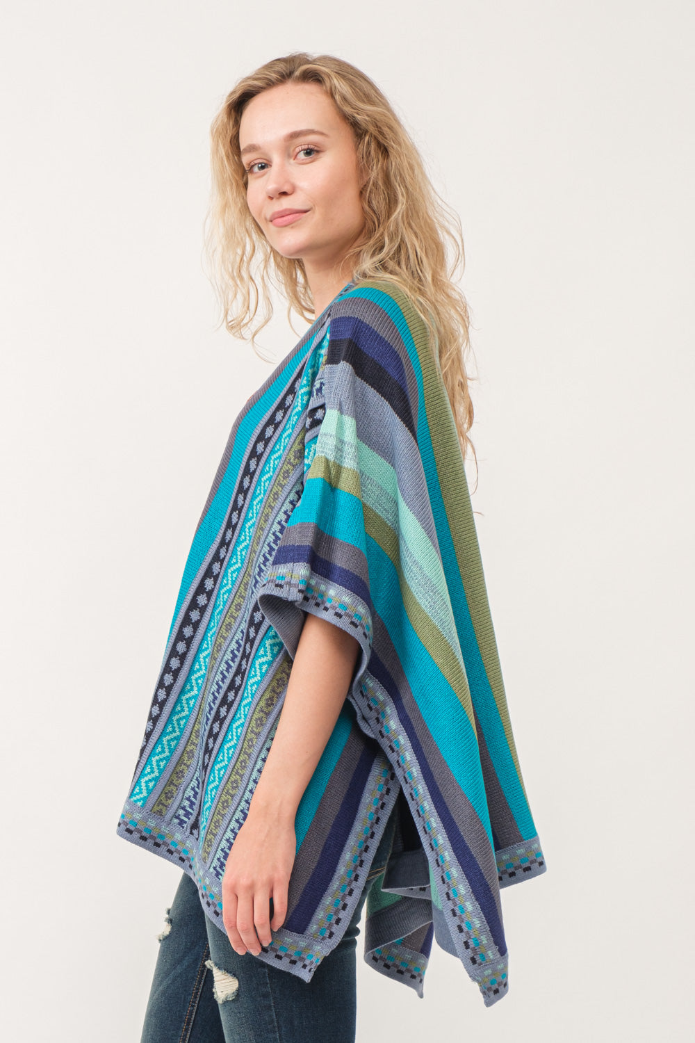 RAJ CORA STRIPED PONCHO RUANA TUQUOISE - quetzals