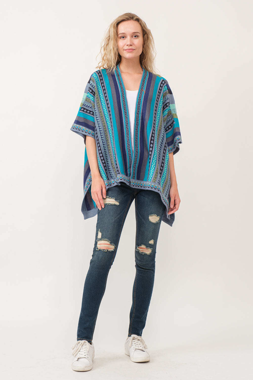 RAJ CORA STRIPED PONCHO RUANA TUQUOISE - quetzals