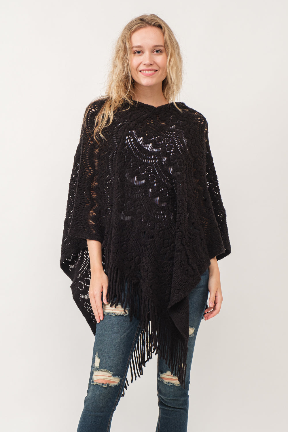 RAJ DREW CUT KNIT PONCHO CAPE BLACK - quetzals