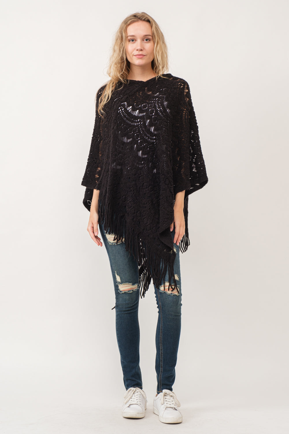 RAJ DREW CUT KNIT PONCHO CAPE BLACK - quetzals