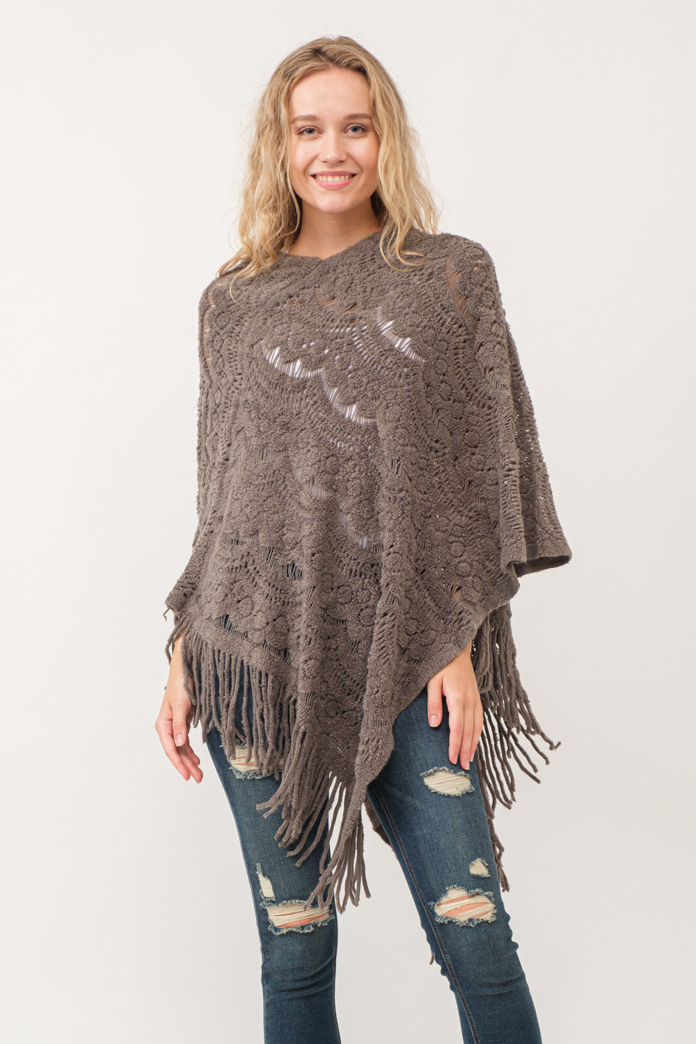 RAJ DREW CUT KNIT PONCHO CAPE TAUPE GRAY - quetzals