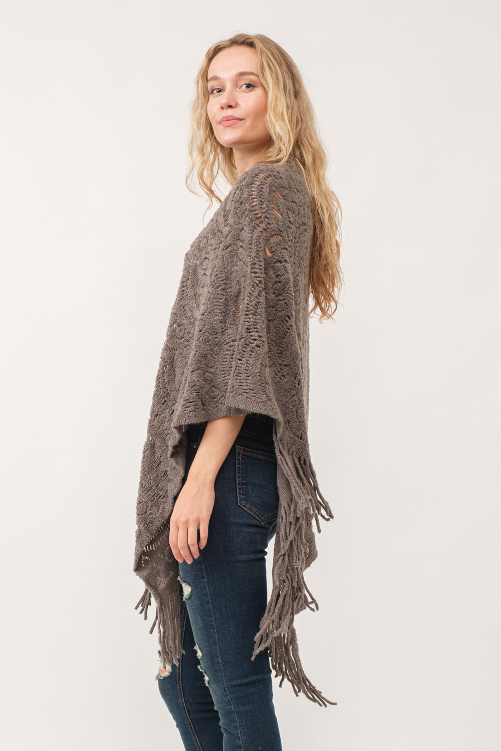 RAJ DREW CUT KNIT PONCHO CAPE TAUPE GRAY - quetzals