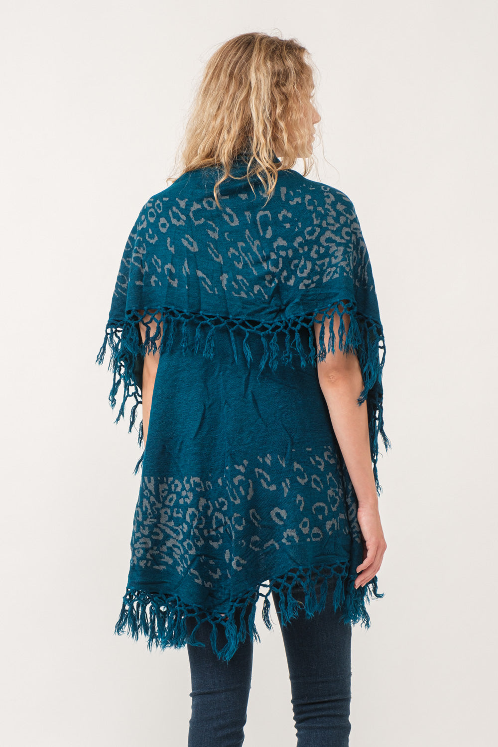 RAJ MAE SPOTTED LEO BORDER PONCHO DEEP TEAL - quetzals