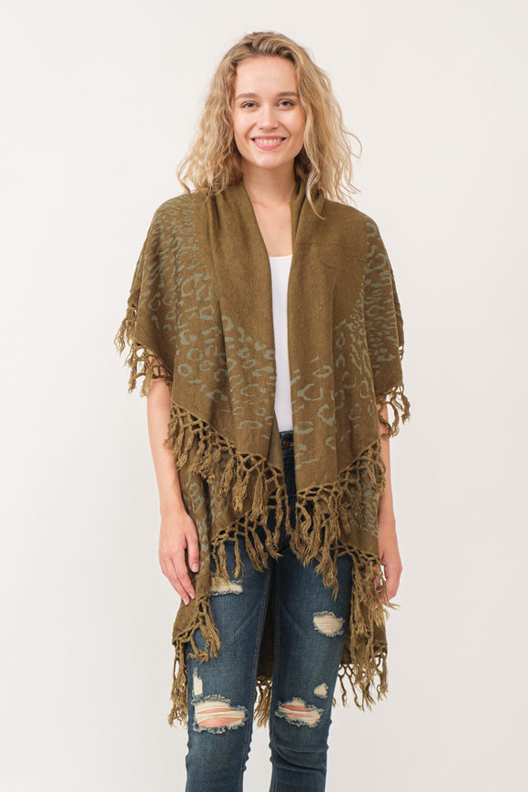 RAJ MAE SPOTTED LEO BORDER PONCHO OLIVE - quetzals