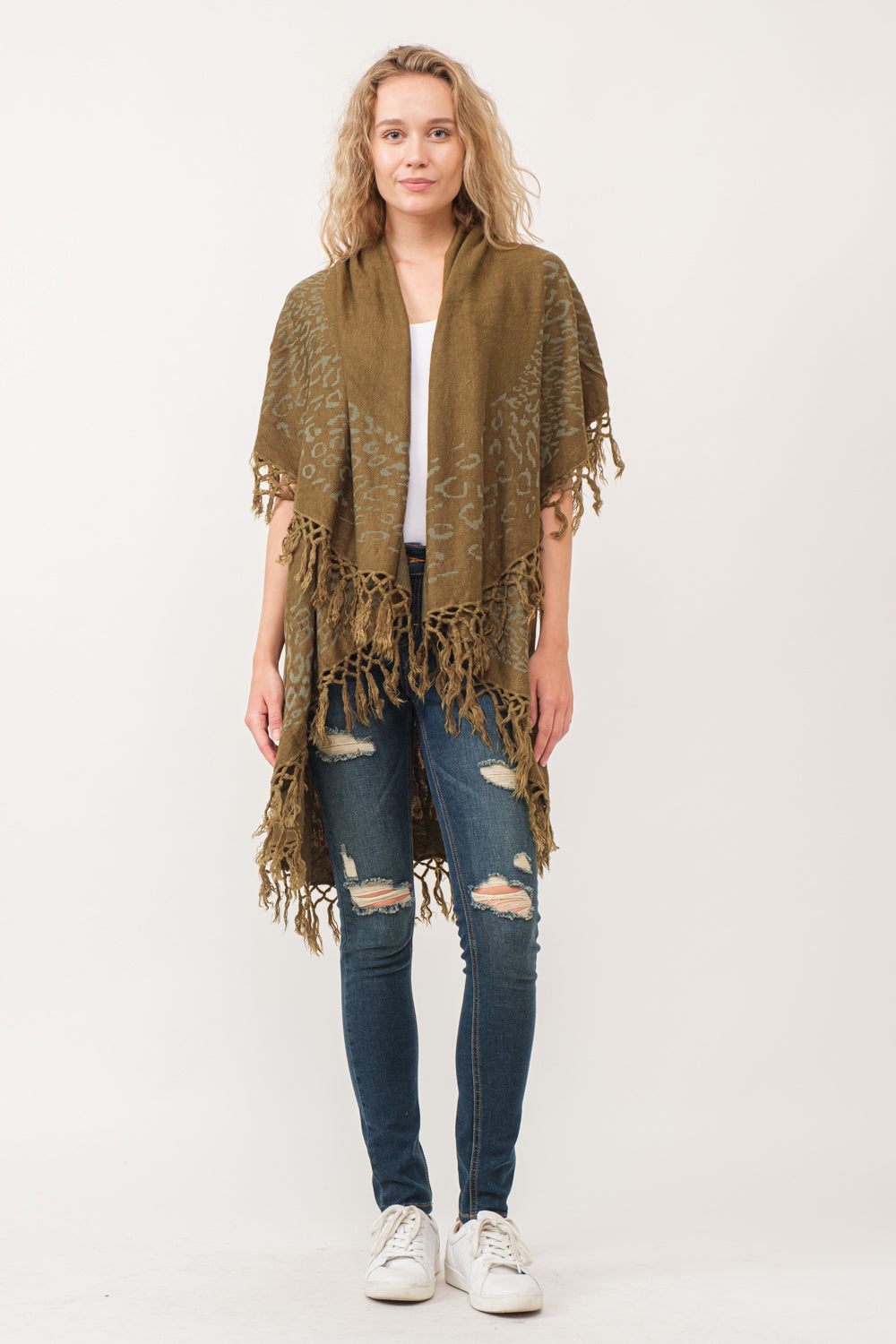 RAJ MAE SPOTTED LEO BORDER PONCHO OLIVE - quetzals