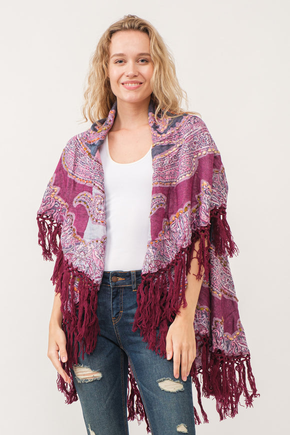 RAJ REGINA THICK STITCH EMBROIDERED PONCHO RASPBERRY - quetzals