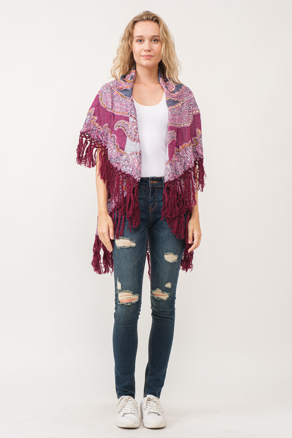 RAJ REGINA THICK STITCH EMBROIDERED PONCHO RASPBERRY - quetzals