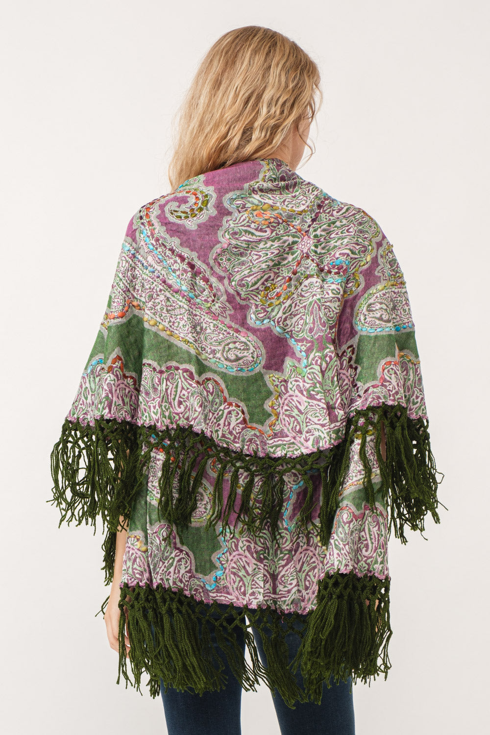 RAJ REGINA THICK STITCH EMBROIDERED PONCHO GREEN - quetzals