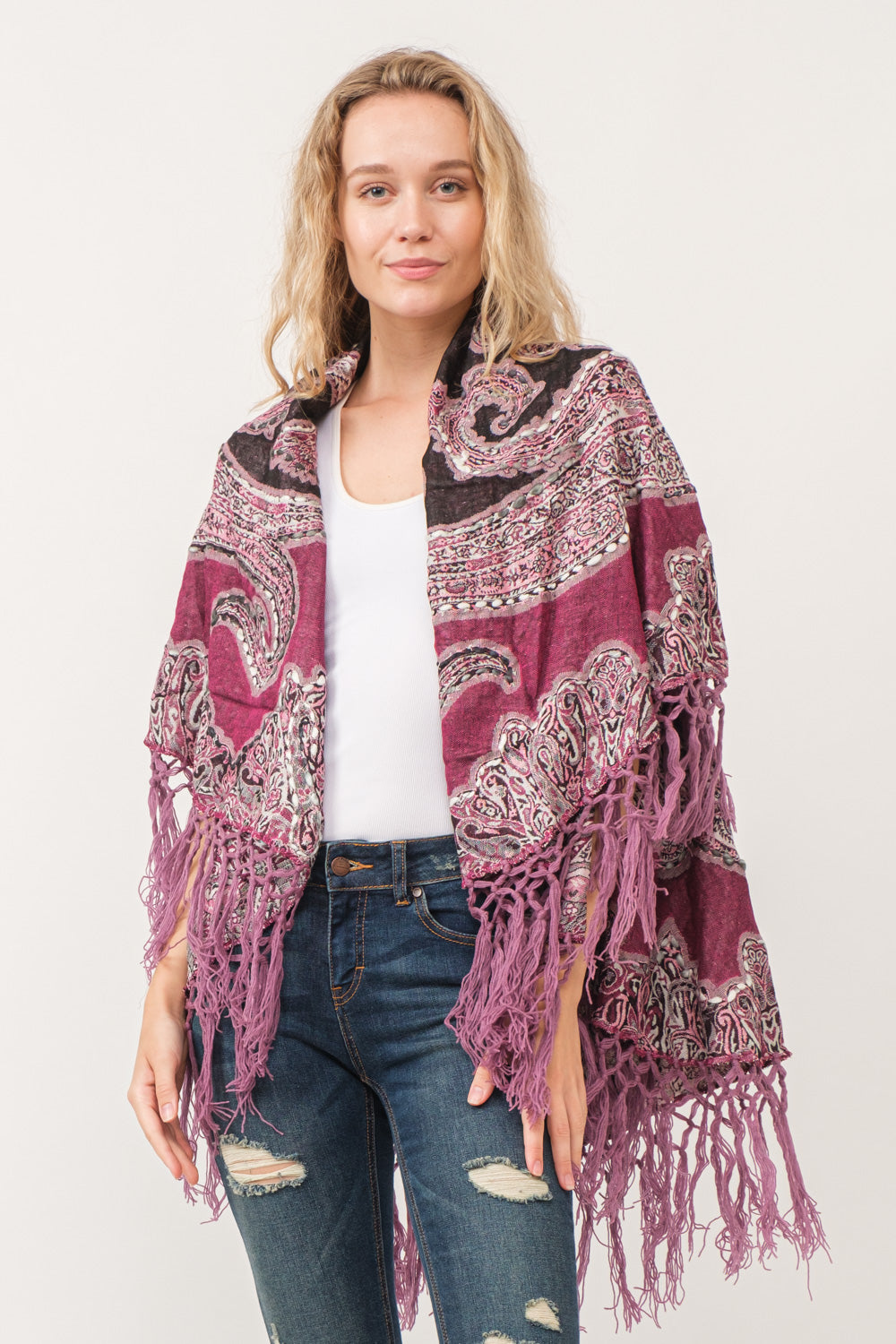 RAJ REGINA THICK STITCH EMBROIDERED PONCHO MULBERRY - quetzals