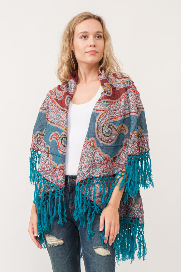 RAJ REGINA THICK STITCH EMBROIDERED PONCHO TEAL - quetzals