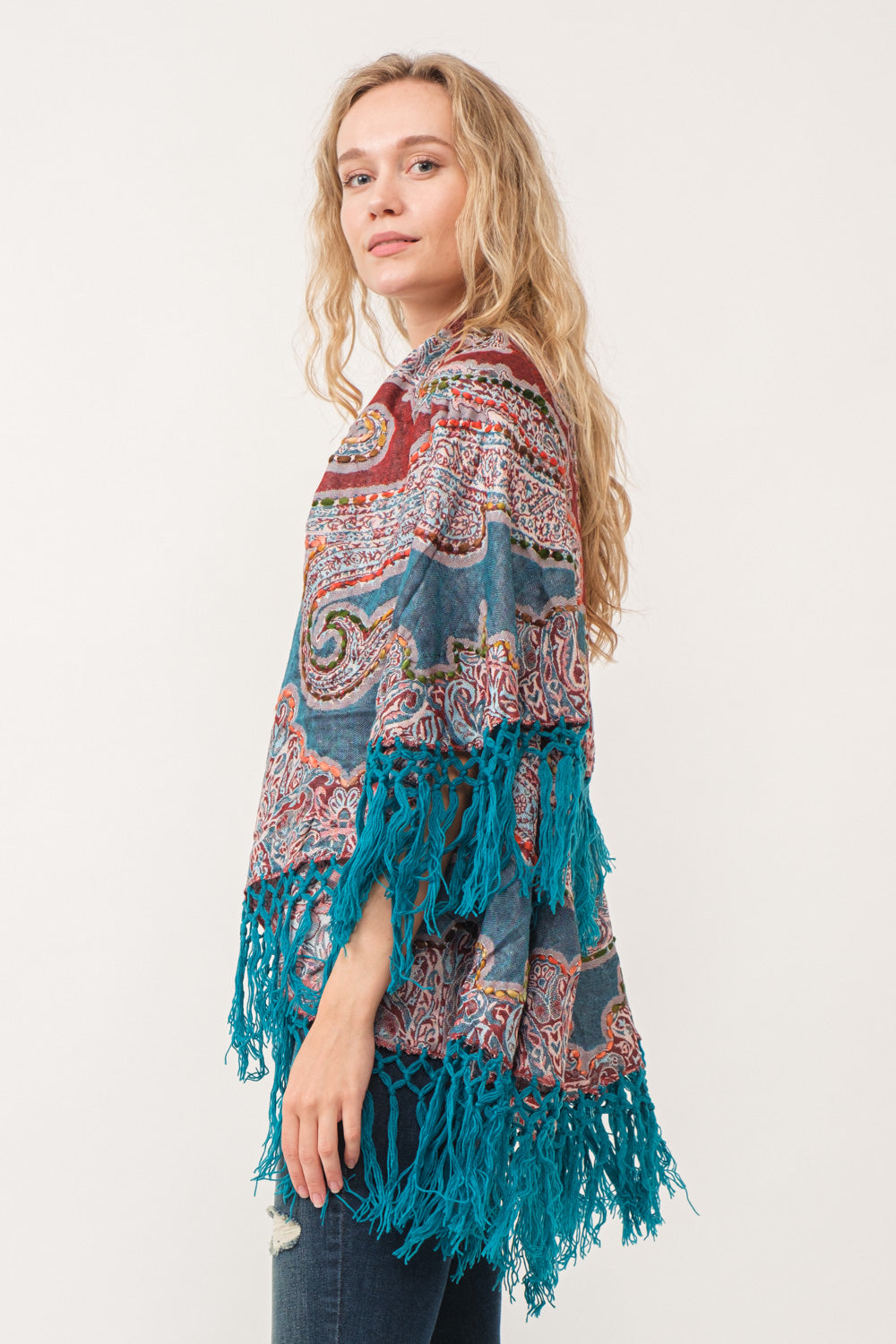 RAJ REGINA THICK STITCH EMBROIDERED PONCHO TEAL - quetzals