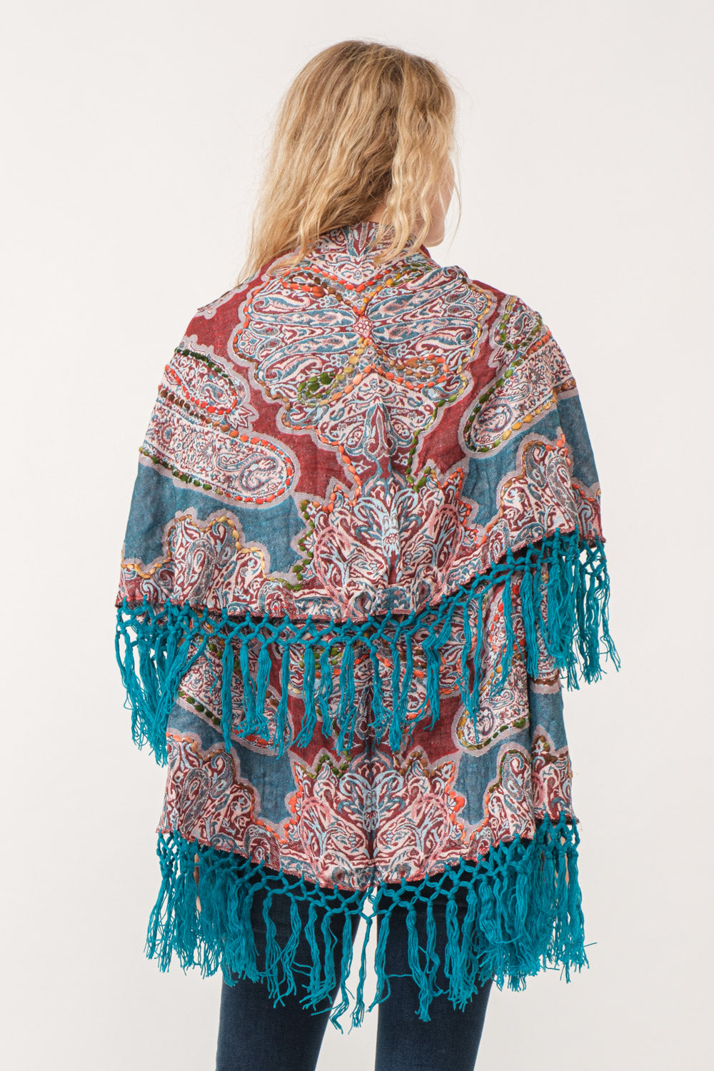 RAJ REGINA THICK STITCH EMBROIDERED PONCHO TEAL - quetzals