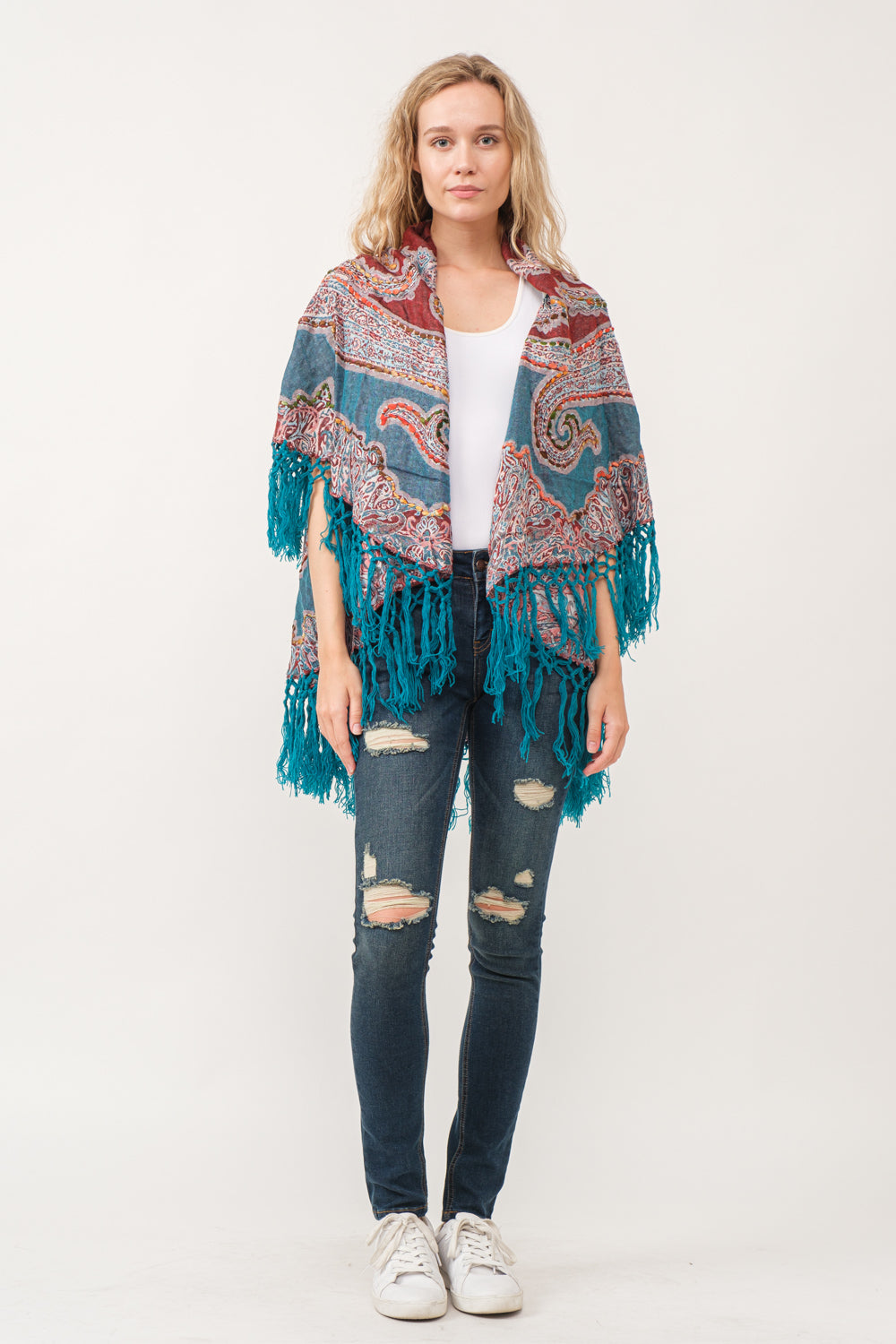 RAJ REGINA THICK STITCH EMBROIDERED PONCHO TEAL - quetzals