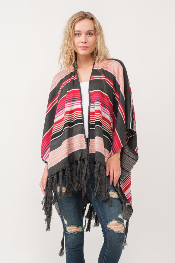 RAJ FREYA STRIPED PONCHO RUANA CHARCOAL/SCARLET - quetzals