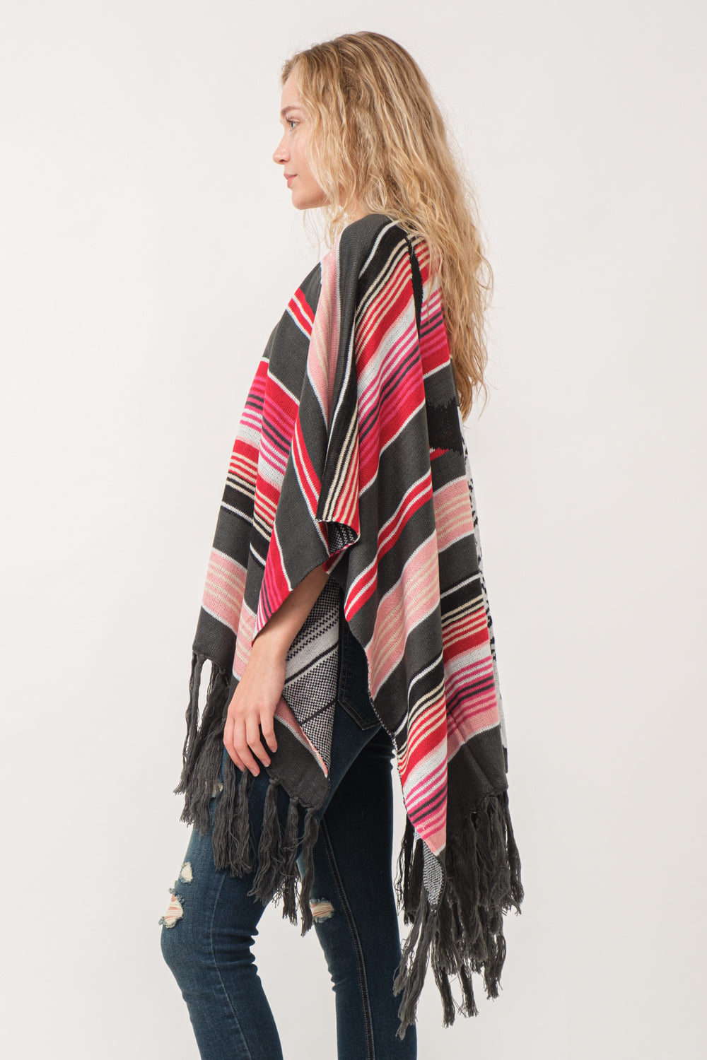 RAJ FREYA STRIPED PONCHO RUANA CHARCOAL/SCARLET - quetzals