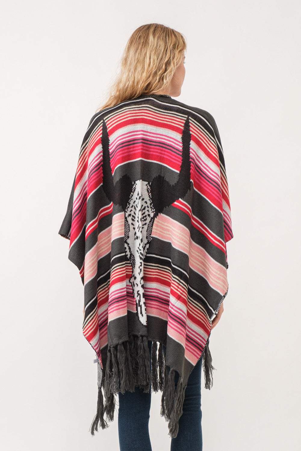 RAJ FREYA STRIPED PONCHO RUANA CHARCOAL/SCARLET - quetzals