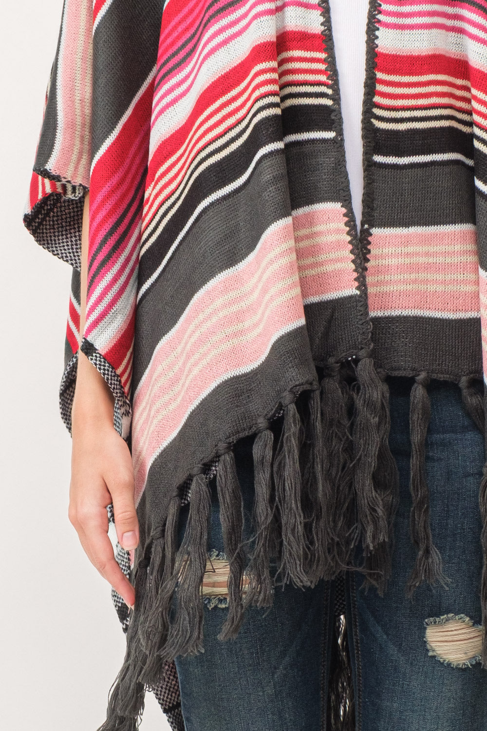 RAJ FREYA STRIPED PONCHO RUANA CHARCOAL/SCARLET - quetzals