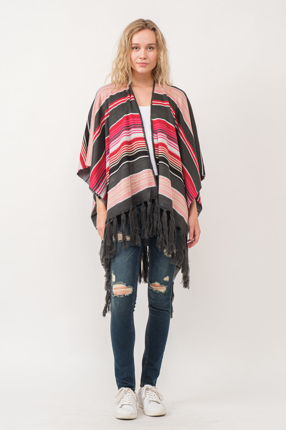 RAJ FREYA STRIPED PONCHO RUANA CHARCOAL/SCARLET - quetzals