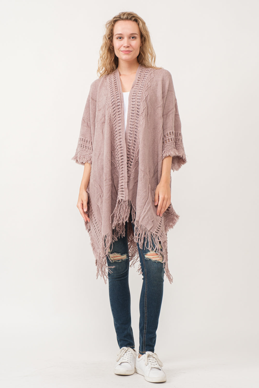 RAJ NELLIA CROCHET BORDER PONCHO RUANA ROSEWOOD - quetzals