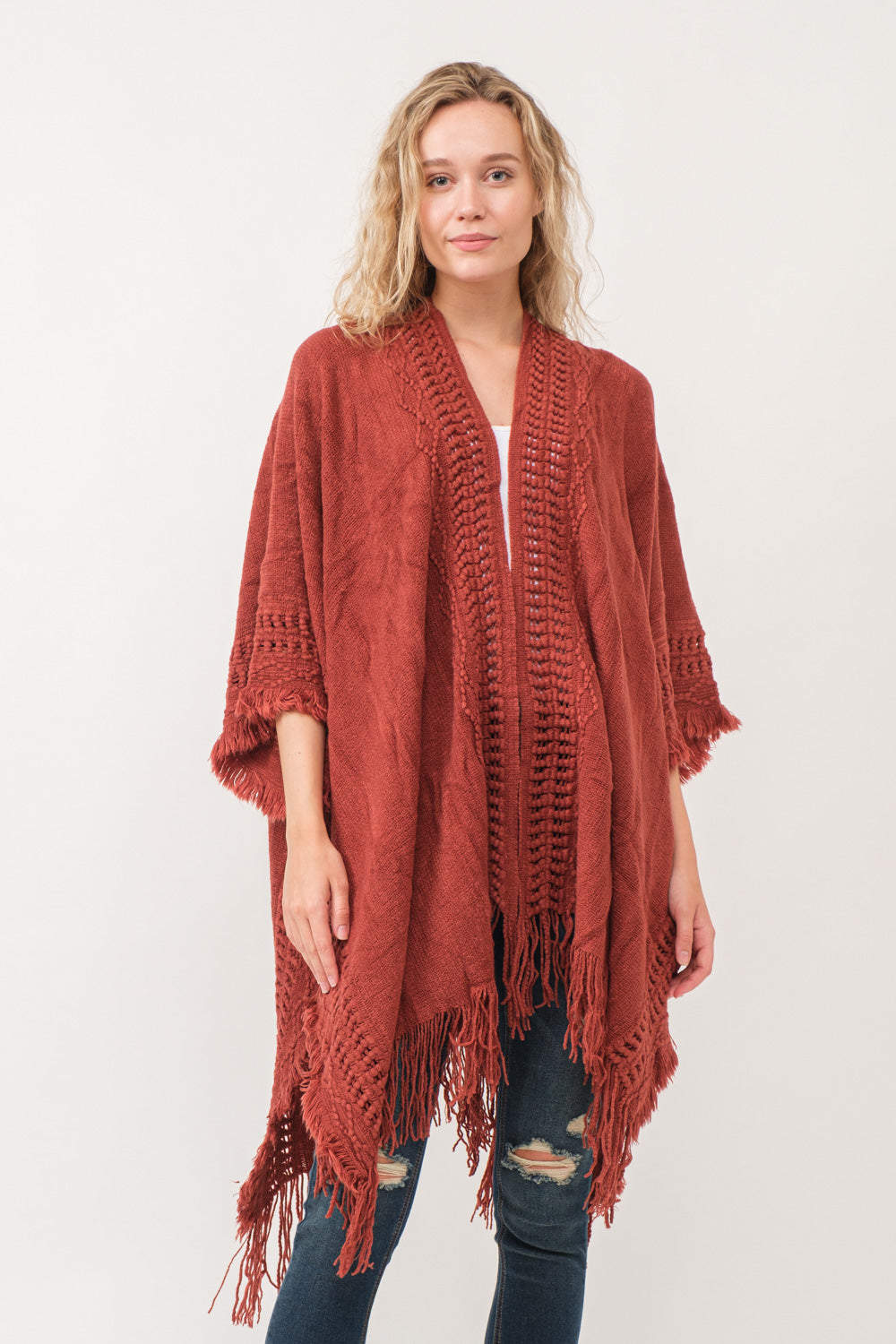 RAJ NELLIA CROCHET BORDER PONCHO RUANA RUST - quetzals