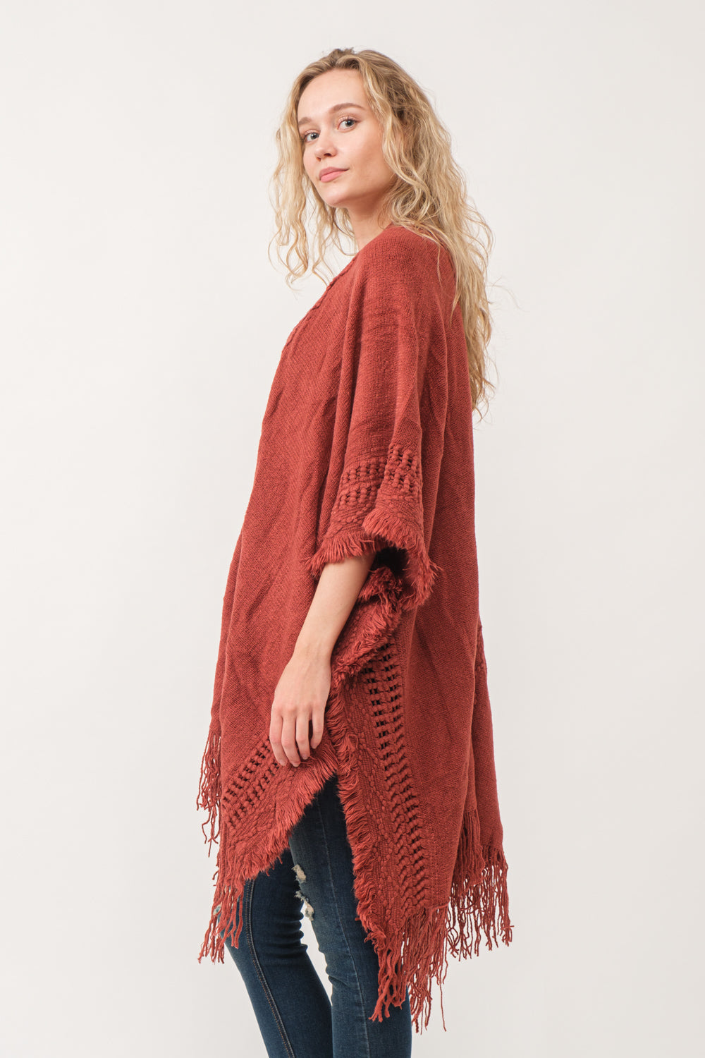 RAJ NELLIA CROCHET BORDER PONCHO RUANA RUST - quetzals